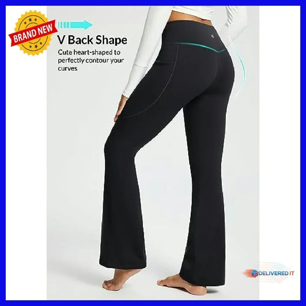 Fleece Lined Thermal Yoga Pants with Pockets, High Waist Flare Leggings